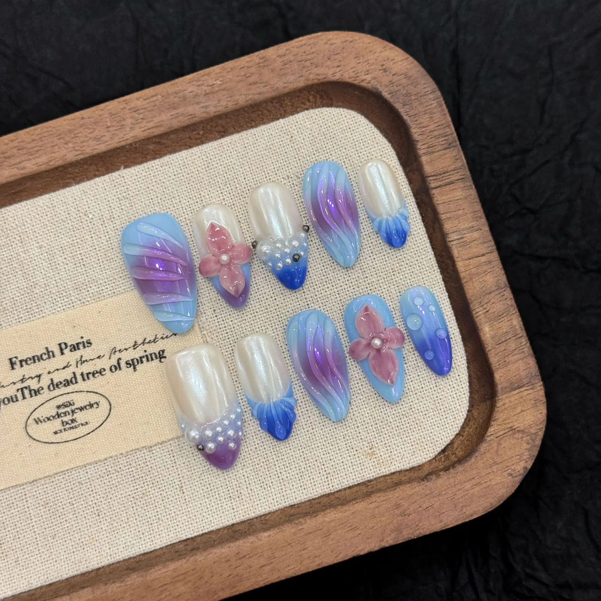 

10pcs Aurora Almond Handmade Fake Nails Gradient Blue French Style 3D Flower Pearl Press On Nails Romantic Wearable False Nail
