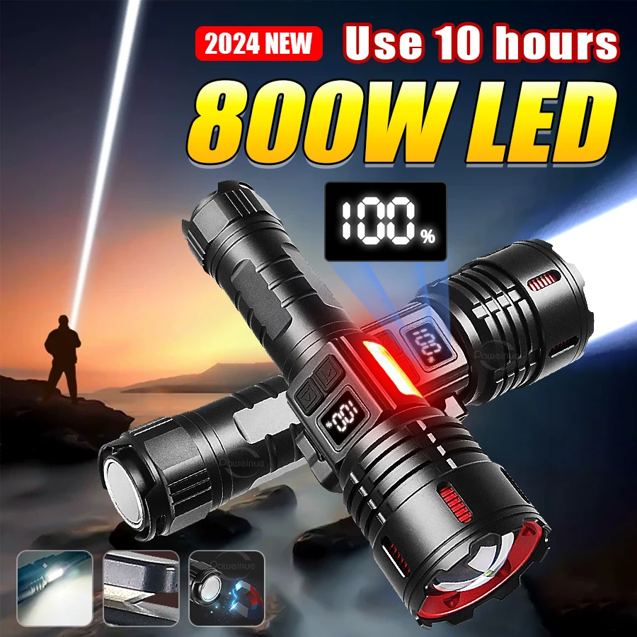 

New 800W High Power LED Flashlight Six Modes Tactical Torch Type-C Lantern Rechargeable Zoom Waterproof Hard For Hunting Camping