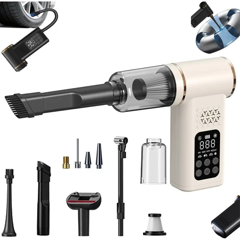 Portable 5-in-1 Cordless Car Vacuum Cleaner Tire Inflator Digital Gauge LED Light for Car Home Pet Hair Motorcycle