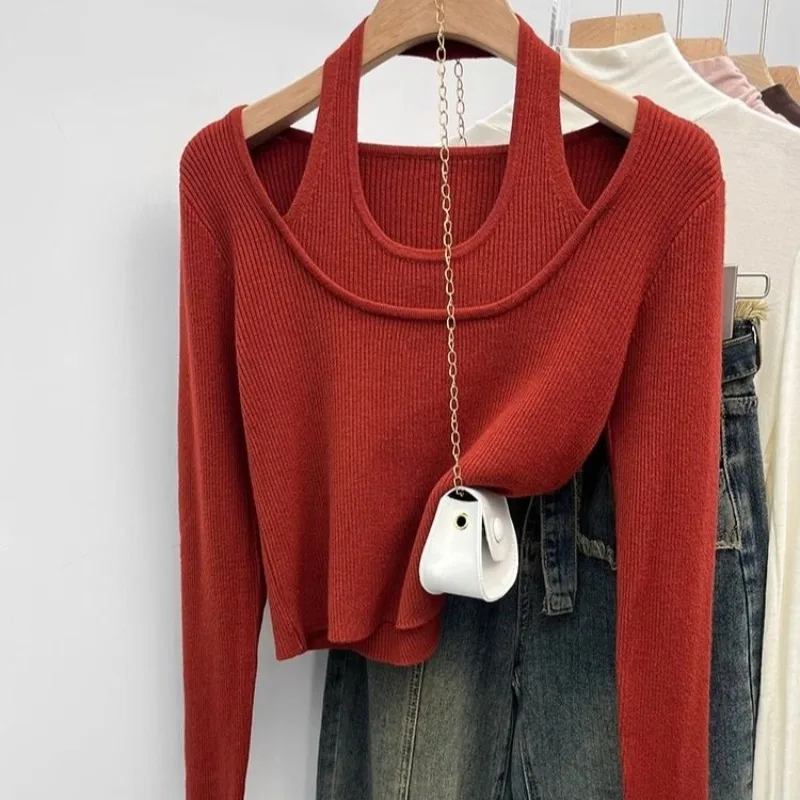 

OCEANLOVE Y2k Clothes Halter Women Sweaters Solid Autumn Winter Short Pullovers Korean Fashion Fake 2 Pieces Pull Femme