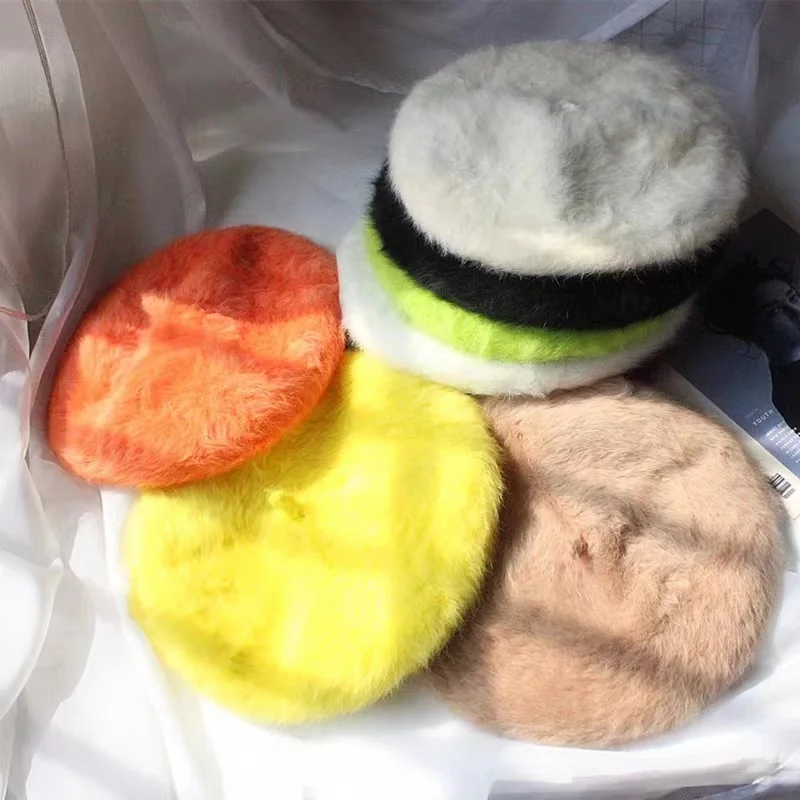 قبعة رسام نسائية للخريف والشتاء محبوكة على شكل أرنب من القطيفة بلون سادة كوري ياباني بريطاني عتيق على الطراز العصري