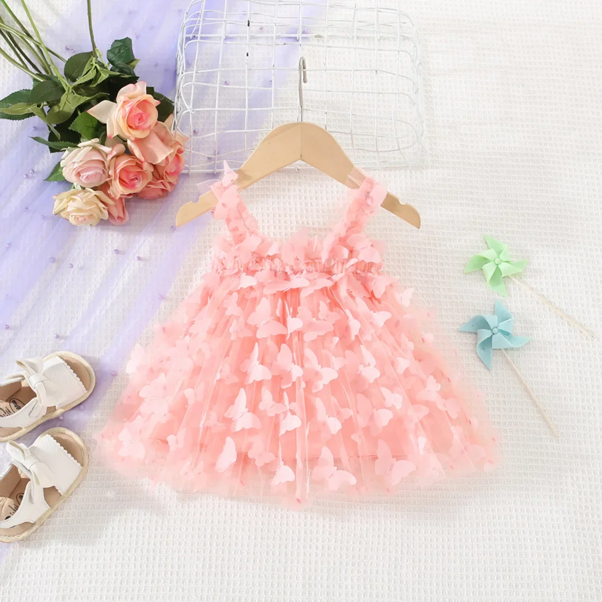 

New Baby Dresses Summer Full Print Butterfly Halter Sweet Mesh Girls Wedding Flower Infnat Clothes Girl Fashion Dress