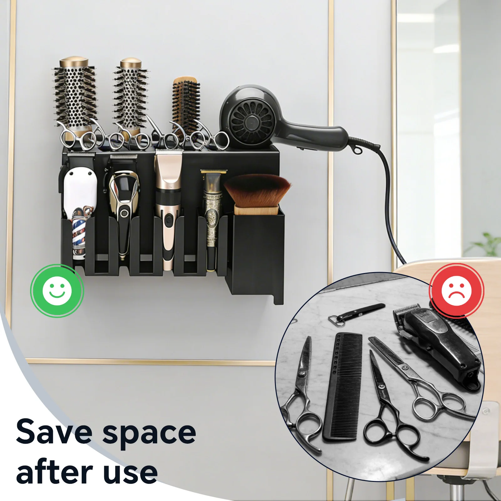 

Настенный органайзер для парикмахерских ножниц и расчесок, большой вместимости, черный металлический, для организации инструментов парикмахера в салоне красоты