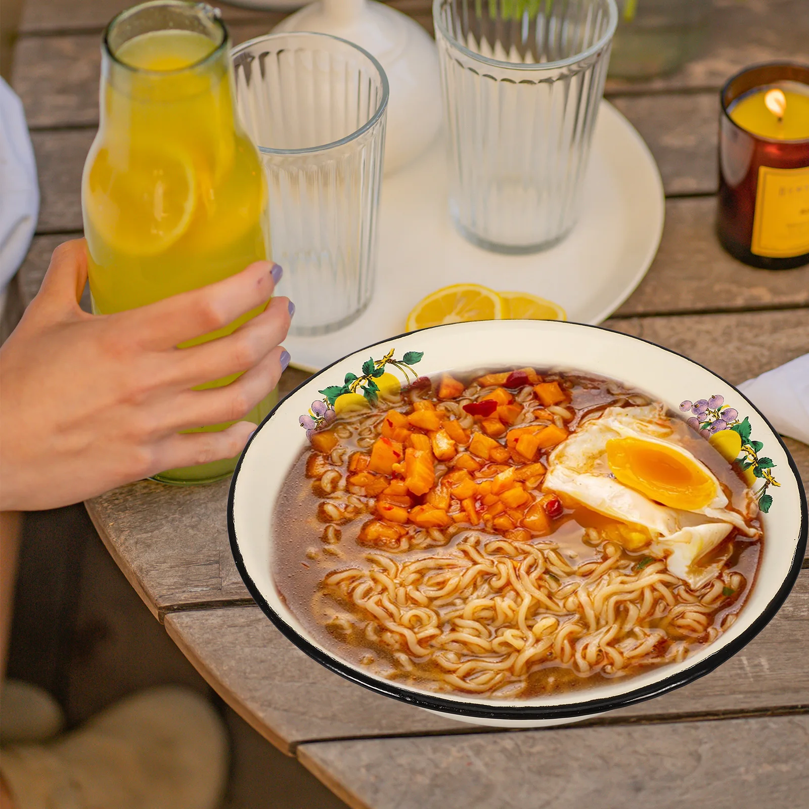 

Vintage Enamel Bowl Deep Design Large Capacity Multipurpose Soup Salad Mixing Bowl Retro Kitchen Enamelware Vegetable Basin