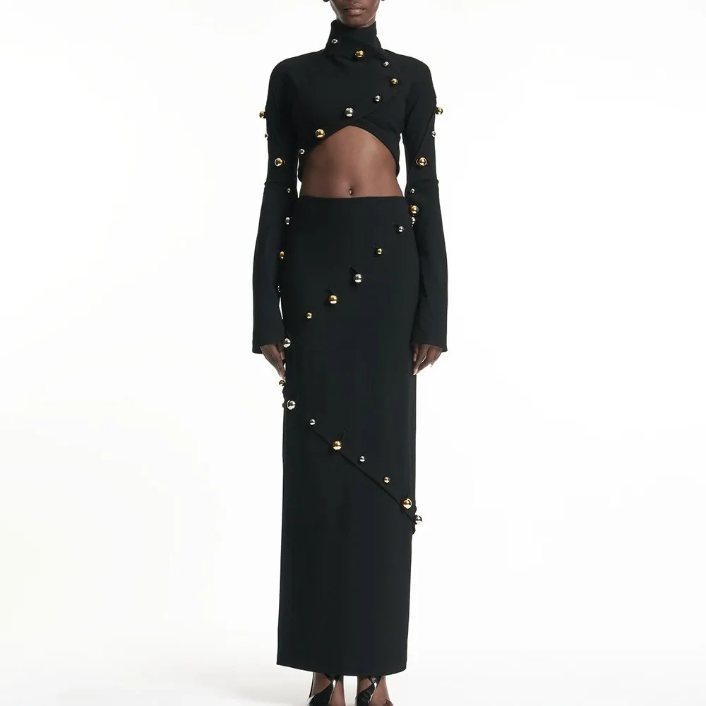 

Spliced Beading Two Piece Set for Women Stand Collar Long Sleeve Irregular Slim Top High Waist Stright Skirt Suit Female Newest