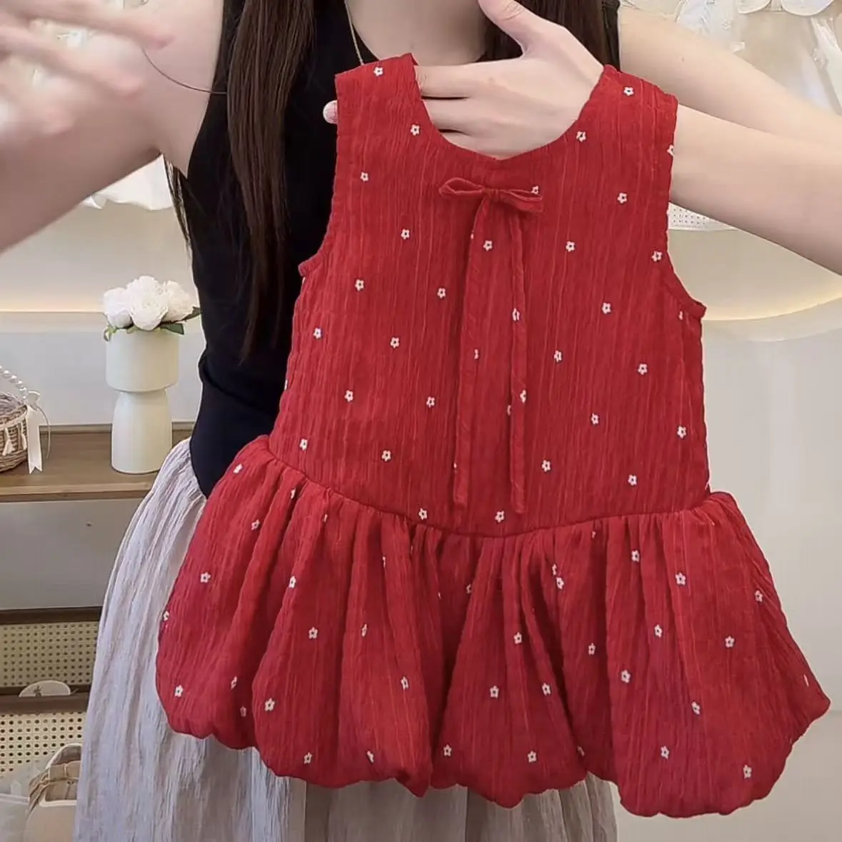 

Girls Summer Dresses 2025 New Fashionable Casual Daily Sleeveless Floral Print Lightweight Red Bud Dress with Hair Band