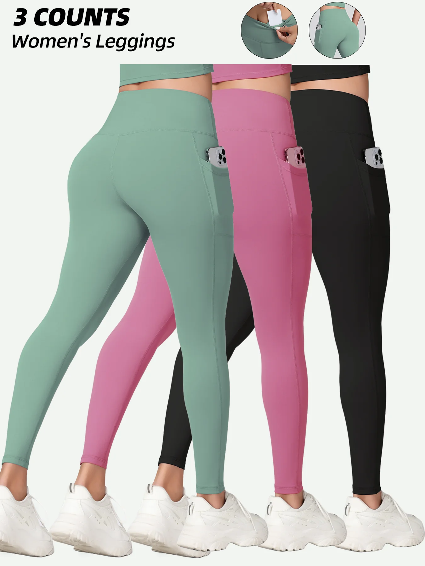 1/3Pcs Women's Soft Sports Leggings With Pockets For Women High Waisted Workout Yoga Running Push Up Gym Fitness Tight Pants