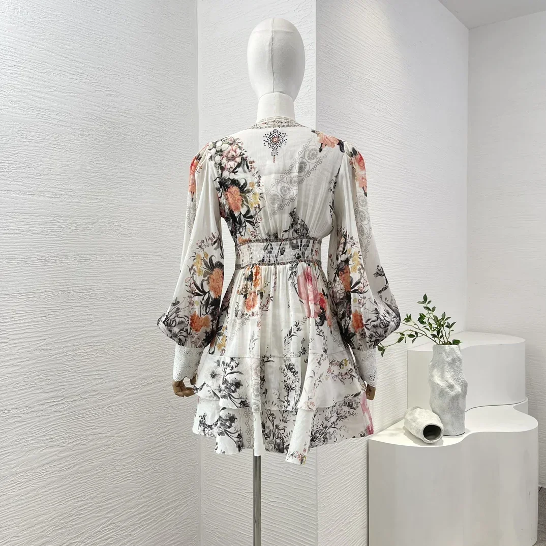 Summer Holiday Re-tro Floral Print 2024 High Quality Silk Linen Shirred Waist Lantern Sleeve Cascading A-line Women Mini Dress