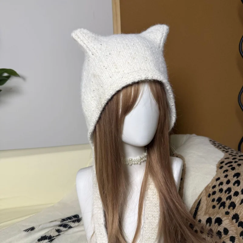 Korean Cute Cat Ear Sequined Pullover Knit Cap for Women Winter Outdoor Warm and Versatile Ear Protection Lace-up Bomber Hats