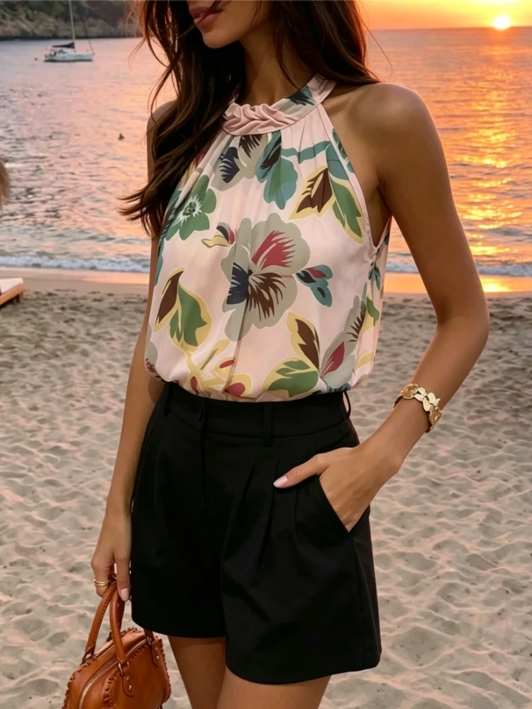 Chic 2026 New Korean Women Sleeveless Floral Print Tank Top Summer Elegant Casual Loose Halter Neck Blouse Fashion New Clothing
