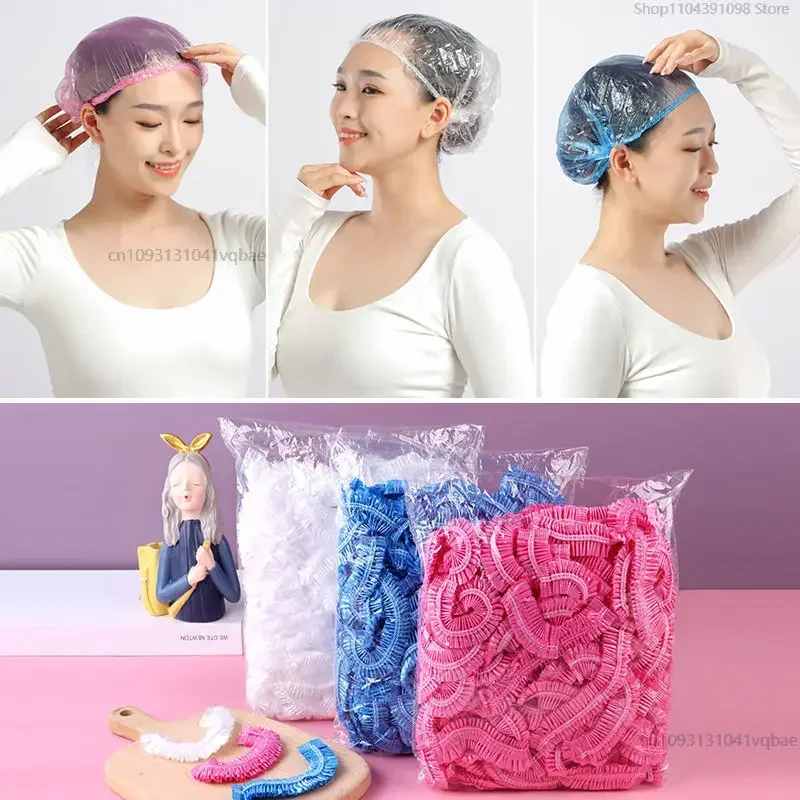

Shower Cap Plastic Dustproof and Waterproof Head Cover Pink Spa Salon Hotel Hair Dye Elastic Hair Cap Eco Friendly