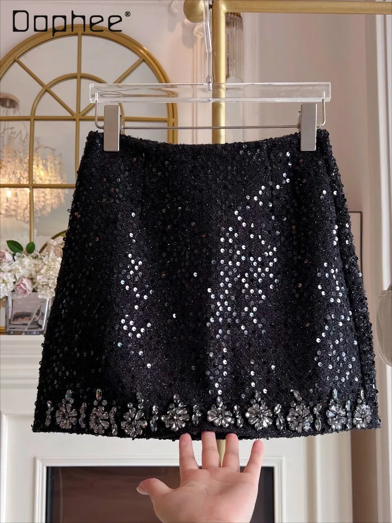 

Autumn Winter French Style Elegant Socialite Mini Skirt Heavy Sequins Beading High Waist Slim Skirts Fashion A-line Black Skirt