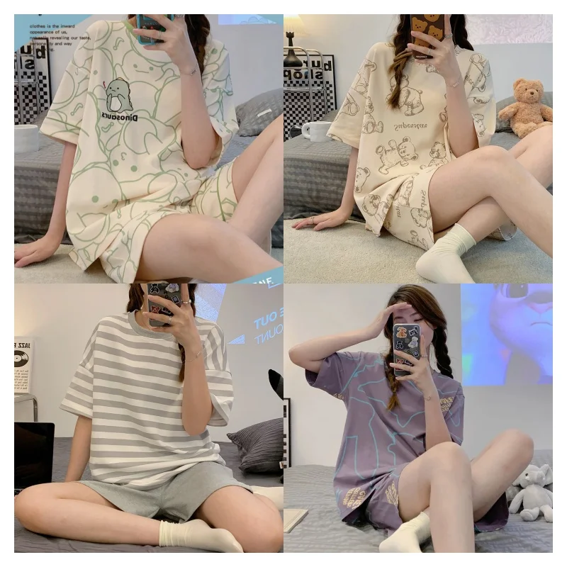 Women Summer Two Pieces Sets Pajamas O-neck Short Sleeve Shorts Pant Homewear Thin Loose Cartoon Printing Big Size Cute Soft