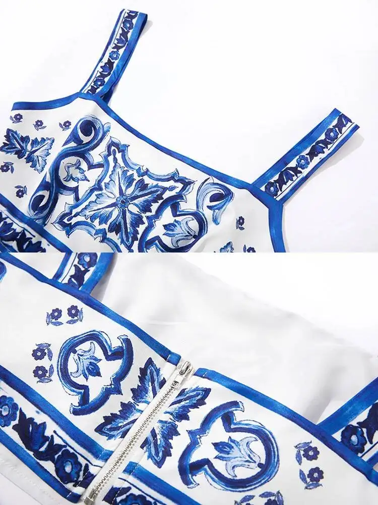 JAMERARY Summer Runway Blue And White Porcelain Two Piece Set Women Flower Print Short Crop Top + Holiday Beach Maxi Skirt Suits