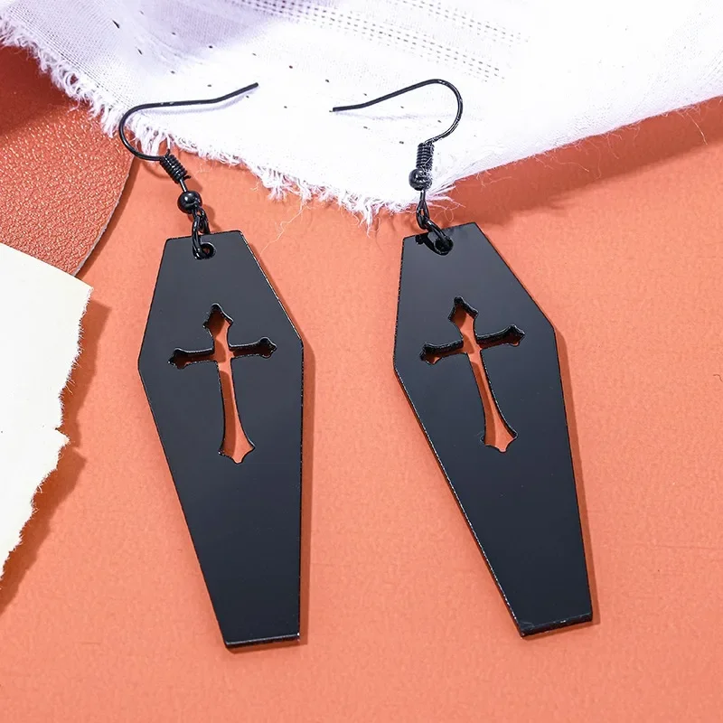 Gothic Death Cross Cutout Vampire Coffin Earrings for Women 2024 New Goth Punk Black Color Jewelry Y2k Accessories Party Gifts