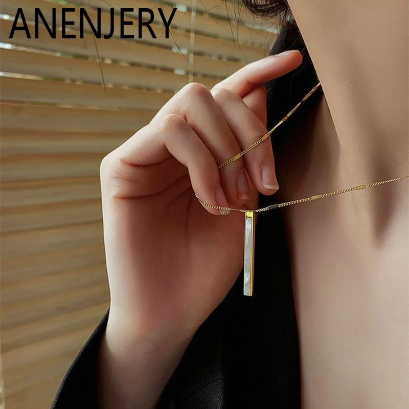 ANENJERY 316L Stainless Steel White Shell Geometric strip Pendant Necklace For Women Simple Fashion Temperament Jewelry Gifts
