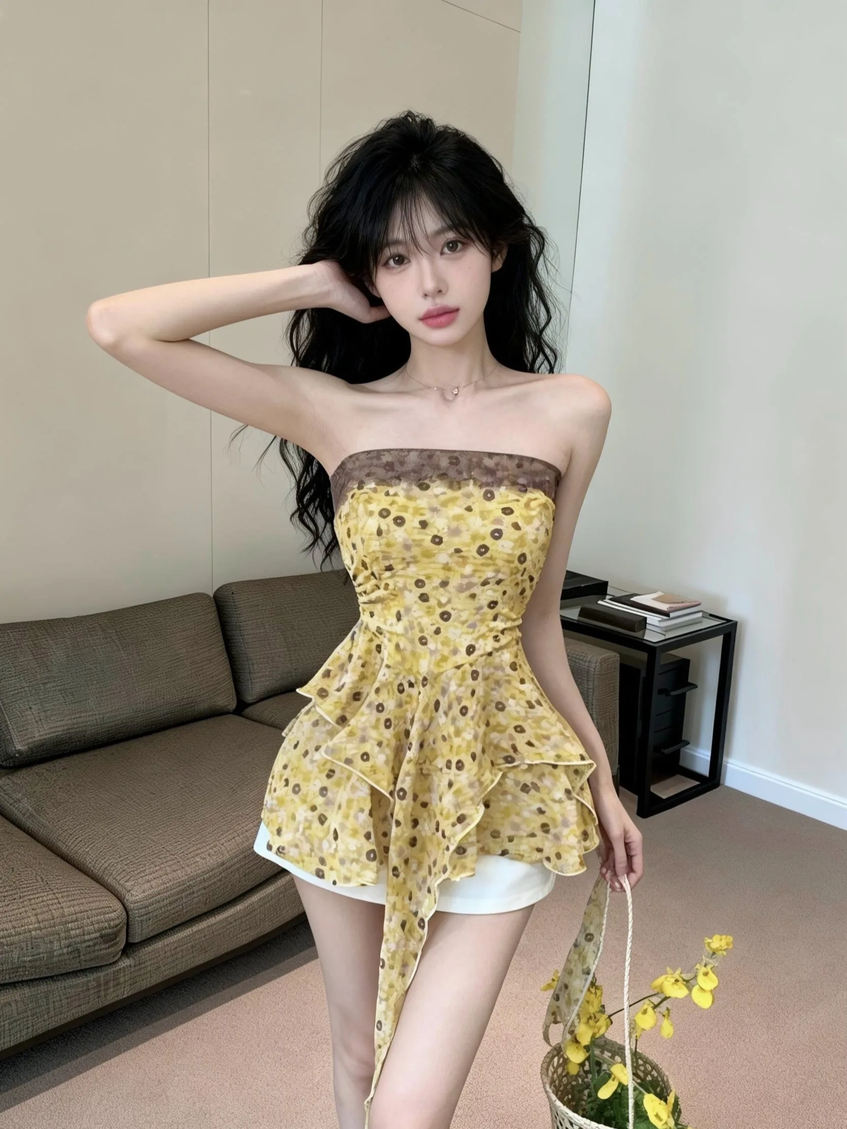 

Асимметричный топ без бретелек с цветочным принтом, облегающий, женский, весна-лето, винтажный, универсальный, базовая рубашка, повседневный городской стиль