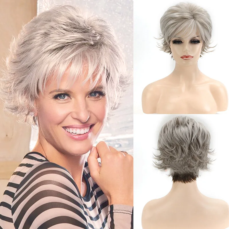 Fashionable mixed brown gray short curly hair for women's wigs with slanted bangs and synthetic fiber headbands wigs