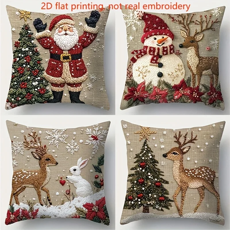 1pc/4pcs Christmas Magic: Santa, Snowman, Deer & Bunny Pillowcases - 2D Flat Printed Sofa cushion cover home room decoration