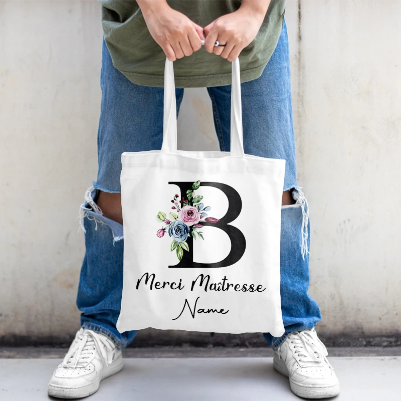 Borse tote con nome personalizzato Grazie al insegnante Francese Personalizzato Bachelorette Festa nuziale Ragazze Viaggio Regali Borse shopper tote