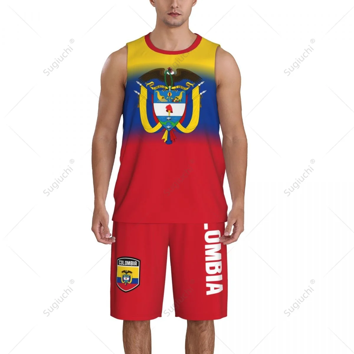 Conjunto de camiseta de baloncesto con bandera de Colombia para hombre, camisa y pantalones de malla, sin mangas, exclusivo, con nombre personalizado, Nunber, Unisex