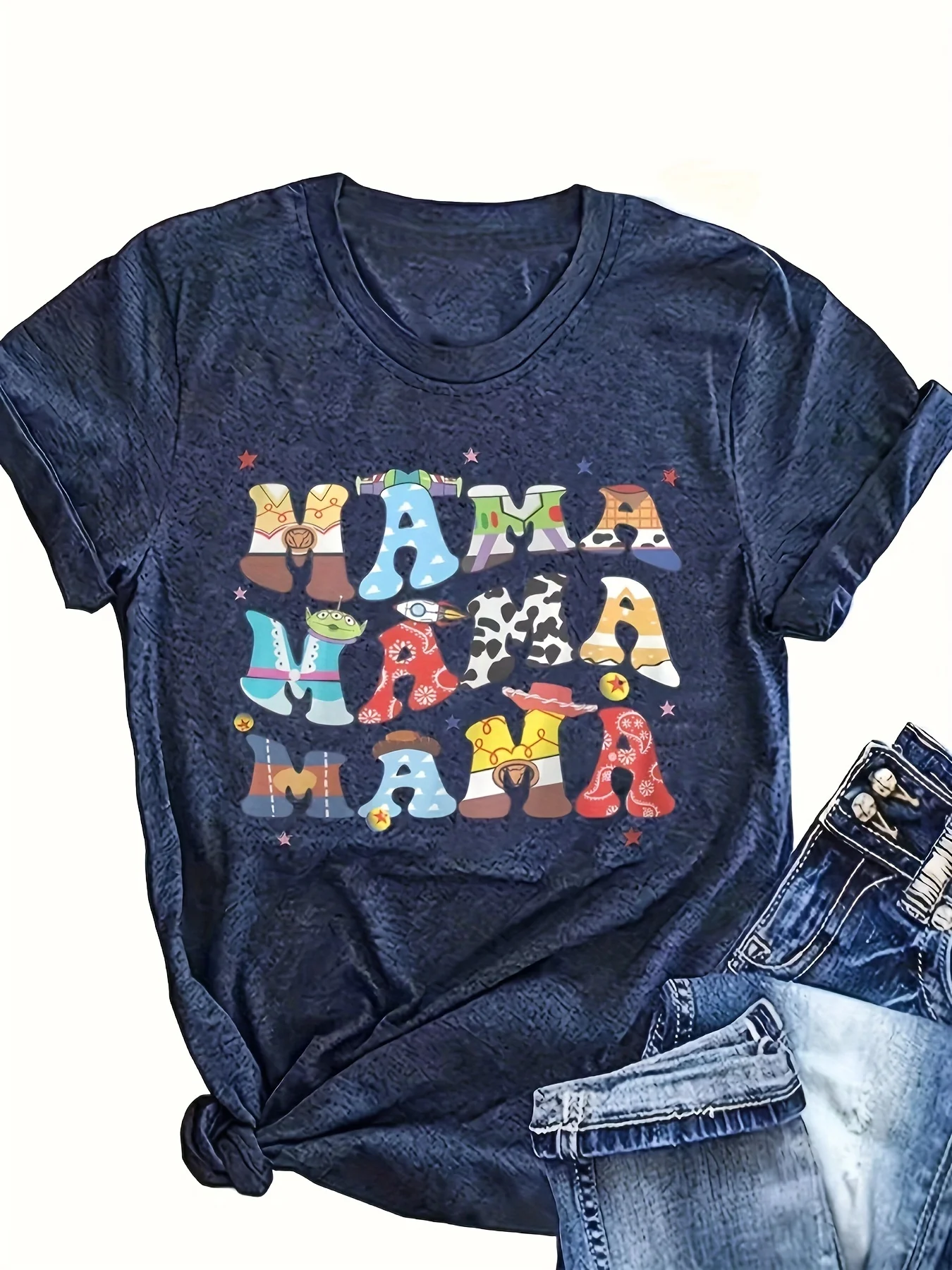 368Mama Print Crew Neck T-shirt - Casual Short Sleeve Top for Spring & Summer - Women's Clothing