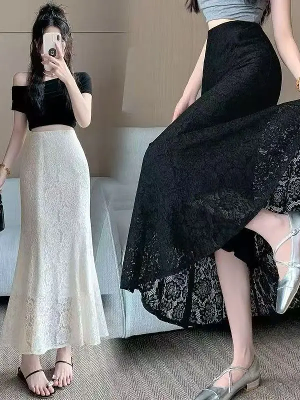Lace Fish Tail Skirt High Waist Slimming Half Body Summer Hollow out Women's Versatile Draped Long Pure Desire Style Skirt