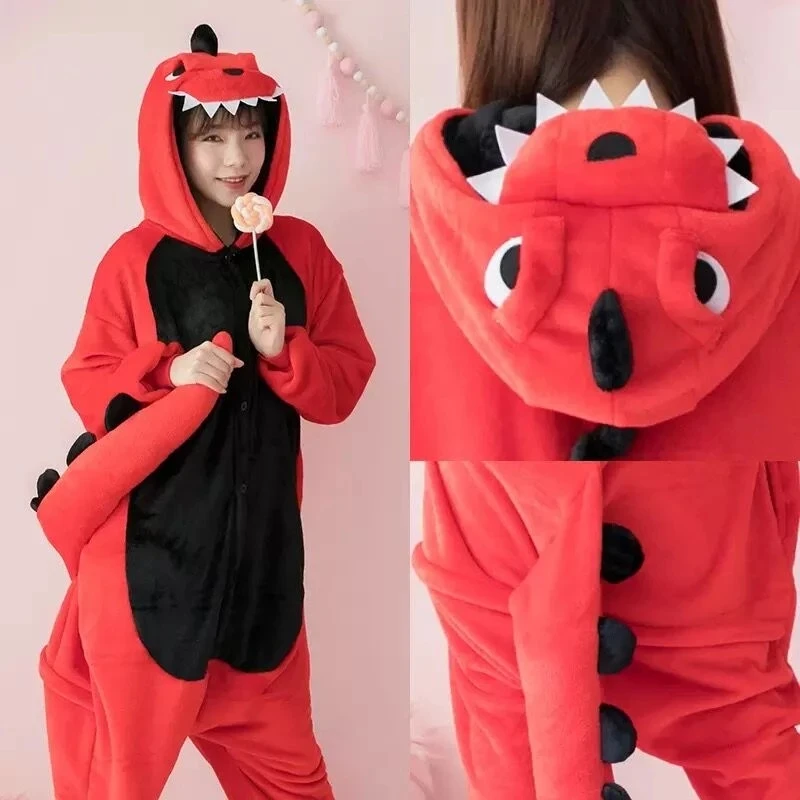 Cartoon Red Dinosaur Pyjamas Onesie Sleepwear Women Men Jumpsuits Nightgown Unisex Adult Kids Sleepwear Flannel Cosplay Costume