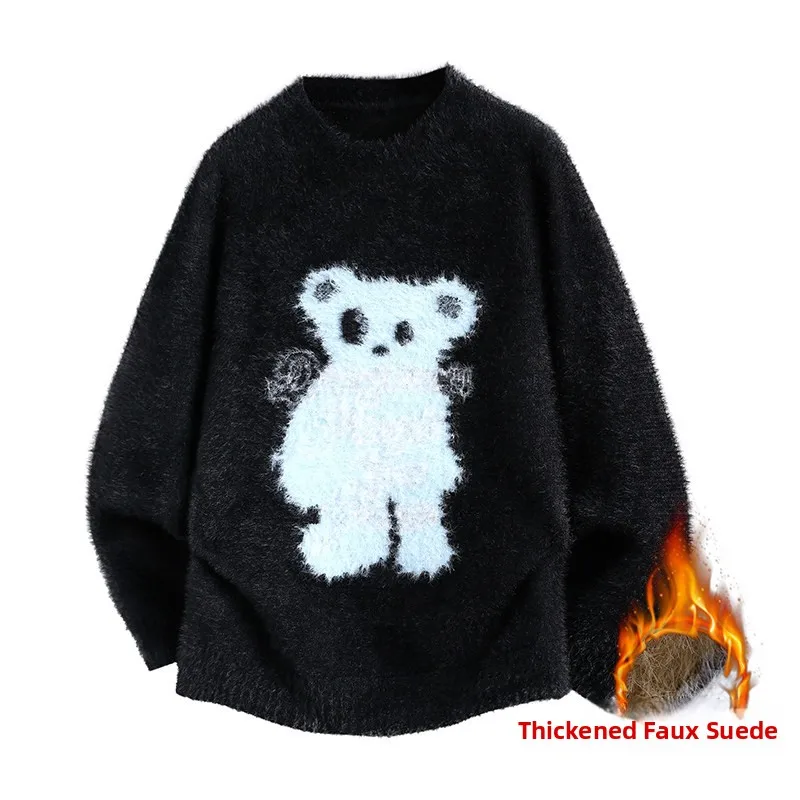

Thiened круглый пуловер Ne, вязаный свитер с медведем, мужской молодежный теплый зимний свитер из искусственного меха, повседневный свободный трикотаж