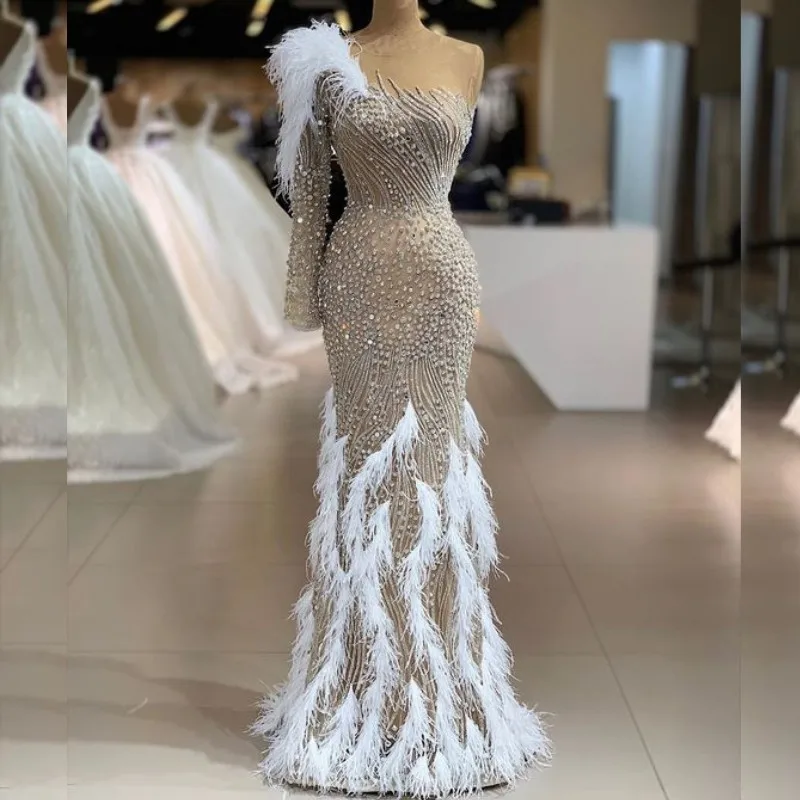 

Luxury Crystal Beads One Shoulder Evening Dress Long Sleeve Feather Mermaid Prom Dress Celebrity Fashion Show Formal Party Dress