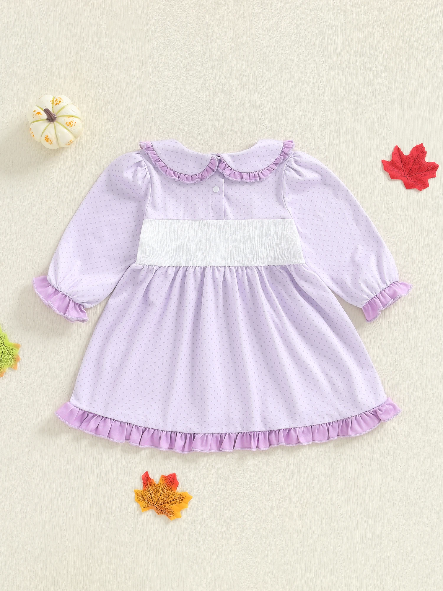 ชุดเดรสฮาโลวีนเด็กผู้หญิงน่ารักพร้อมคอตุ๊กตาปักลายจุดและแขนยาวระบาย - ทรงเอที่น่ารัก