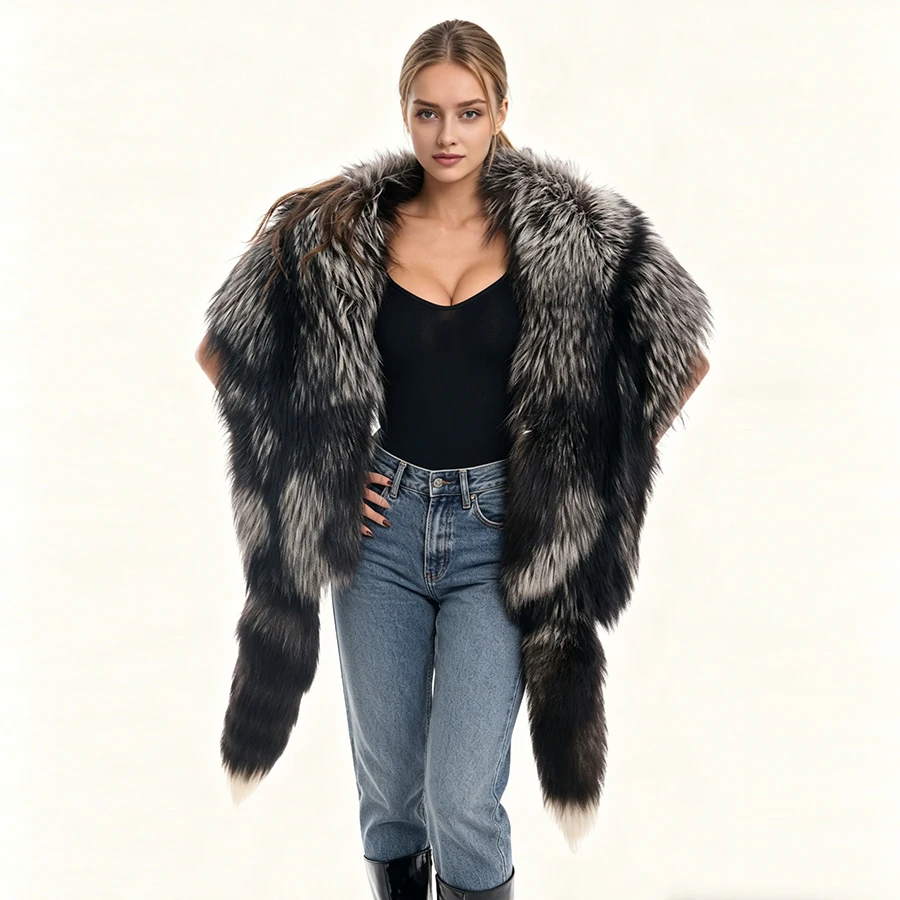 

Real Silver Fox Fur Shawl For Women Long Fox Fur Cape With Tails Winter Warm Fur Accessory Best Selling Natural Fur Jacket