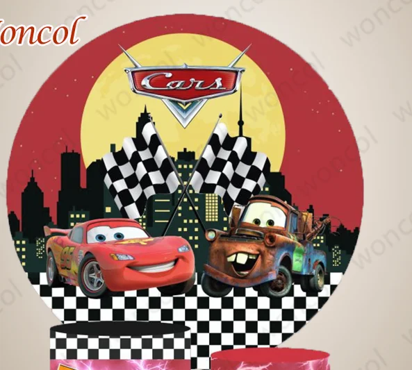 Cars Mcqueen Round Backdrop Disney Racing Car Backdrop Child Birthday Baby Shower Cylinder Cover Decorations Photography Props