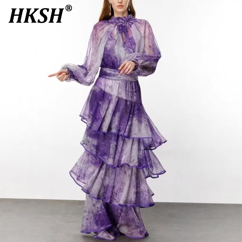 

HKSH Spring Summer New Women Tide Ins Trendy Vacation Style Fashion Elegant Casual Long Sleeved O-neck Long Layered Dress HK5394