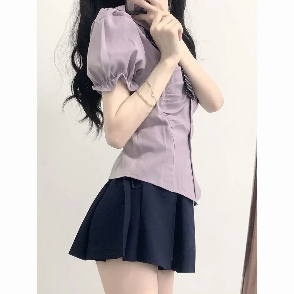 

Short Sleeve Shirts Womens Poplin Patchwork Pintuck Slim Fit Shirt School Minimalist Preppy Boyfriend Student Urban Youthful