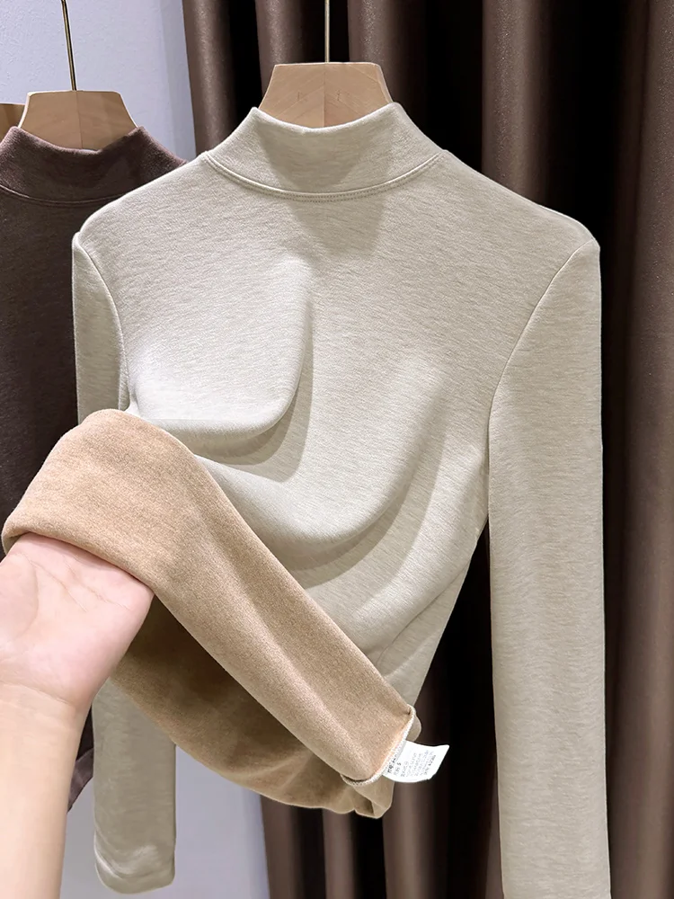 

Ele Pure Color Double-sided Fce Women's Thermal Top Thiened f-high Collar Spring Autumn Warm Base Layer irt