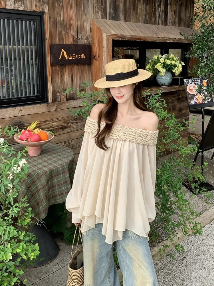 

French Style Loose Long Sleeve One Shoulder Women's Chiffon Top Wooden Design Summer New Arrival Sunscreen Thin Model