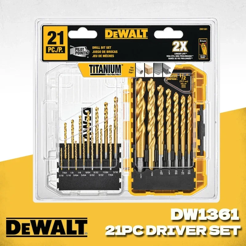 

DEWALT DW1361 Titanium Twist Drill Bit Set Woodworking Metal HSS High Speed Steel Drill Bits 21-Pcs Tool Attachments