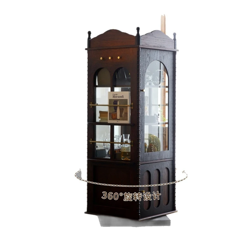 

French solid wood bookcase retro rotating storage cabinet with glass door 360 degree display cabinet