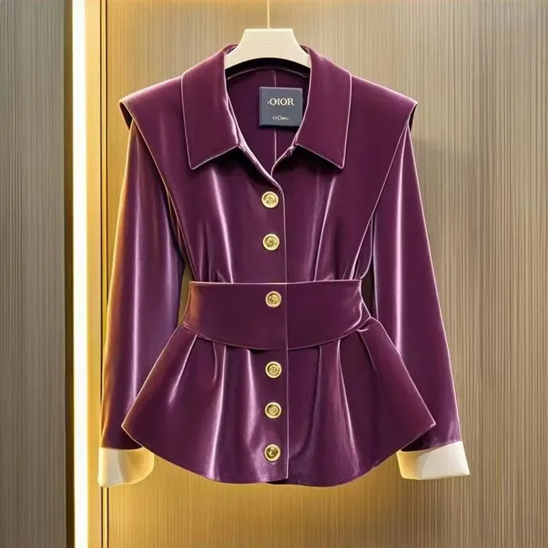 Purple Velvet Long-Sleeved Shirt Jacket Women's Outwear Spring Autumn New Unique Chic Super Nice Tight Waist Chic Coat Tops