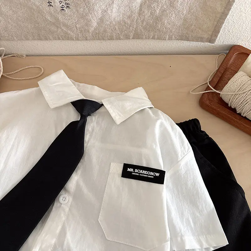 Toddler Boys' Summer Outfit Set Preppy Style Children's Clothing Short Sleeved White Shirt Tie Shorts Two-piece Set 1-6 Y