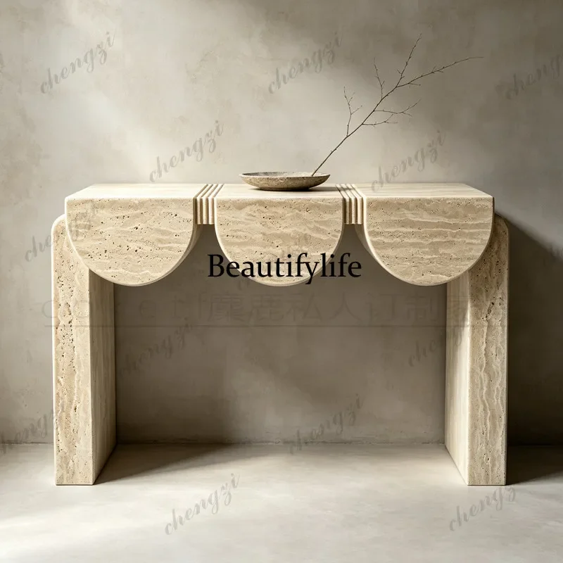 NQ52 Wabi Sand Wind Natural Travertine Entrance Table Household Living Room Against the Wall Designer Strip Several End View Pla