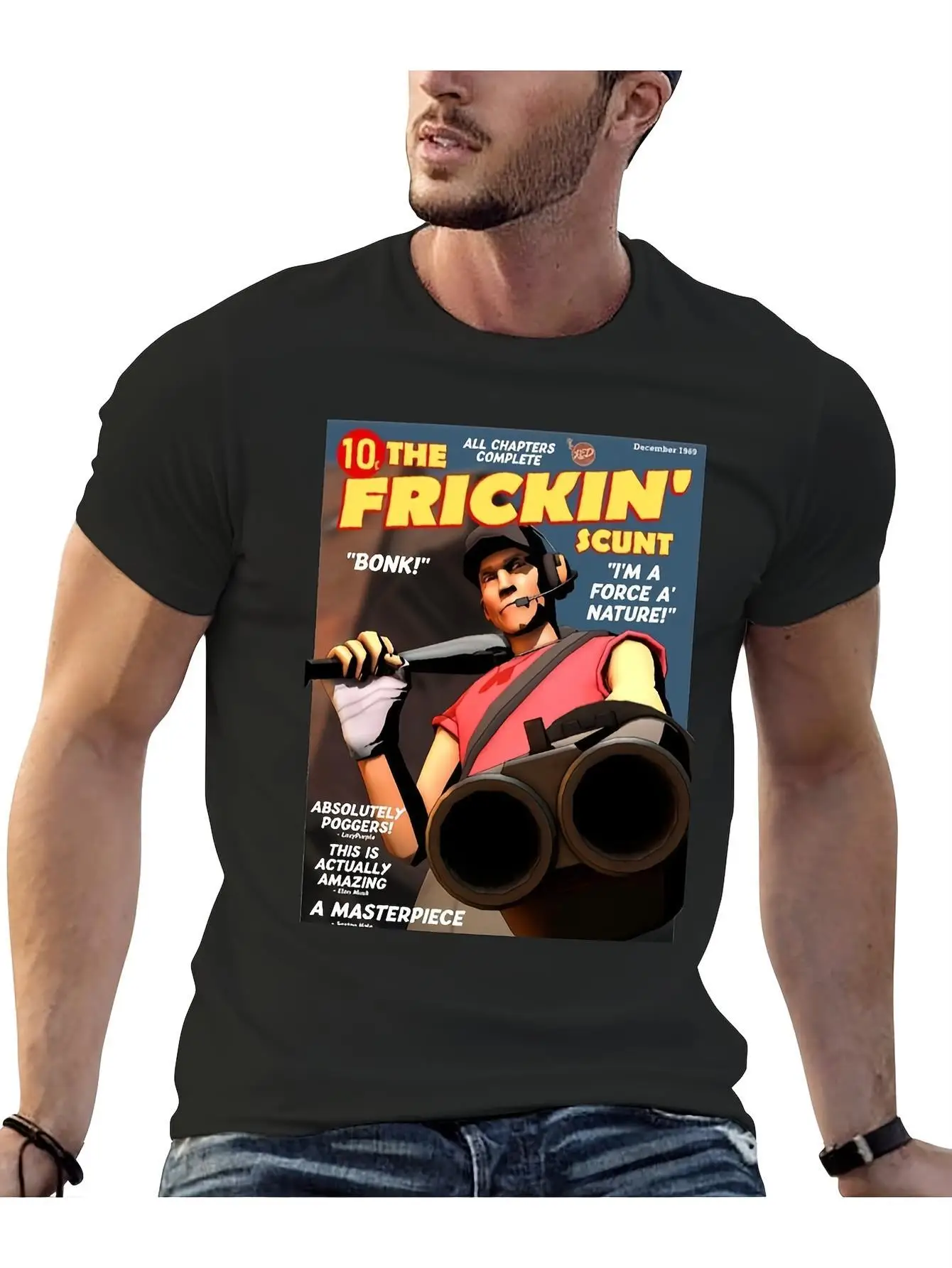 

All-Season Casual Cotton T-Shirt with Team Fortress 2 Scout Graphic, Crew Neck, Short
