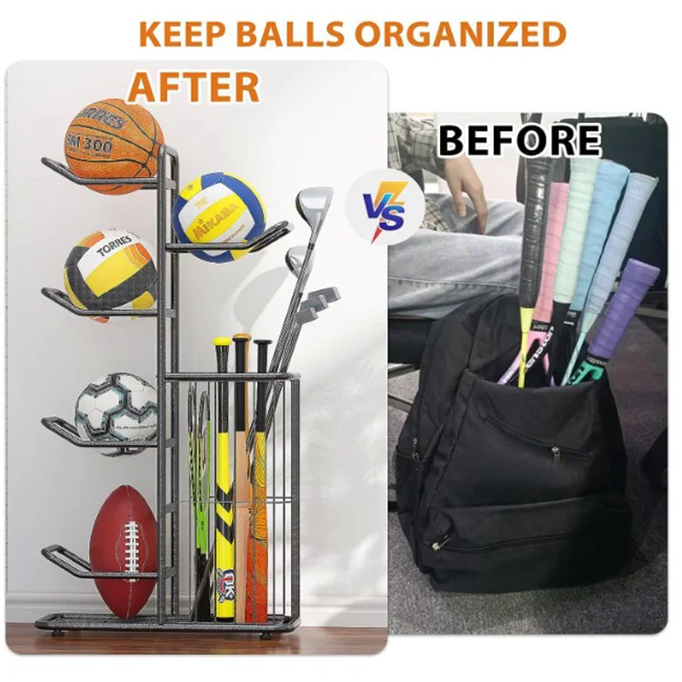 Piccolo espositore per basket con scaffale per attrezzature sportive a 5 palline con cestino portaoggetti