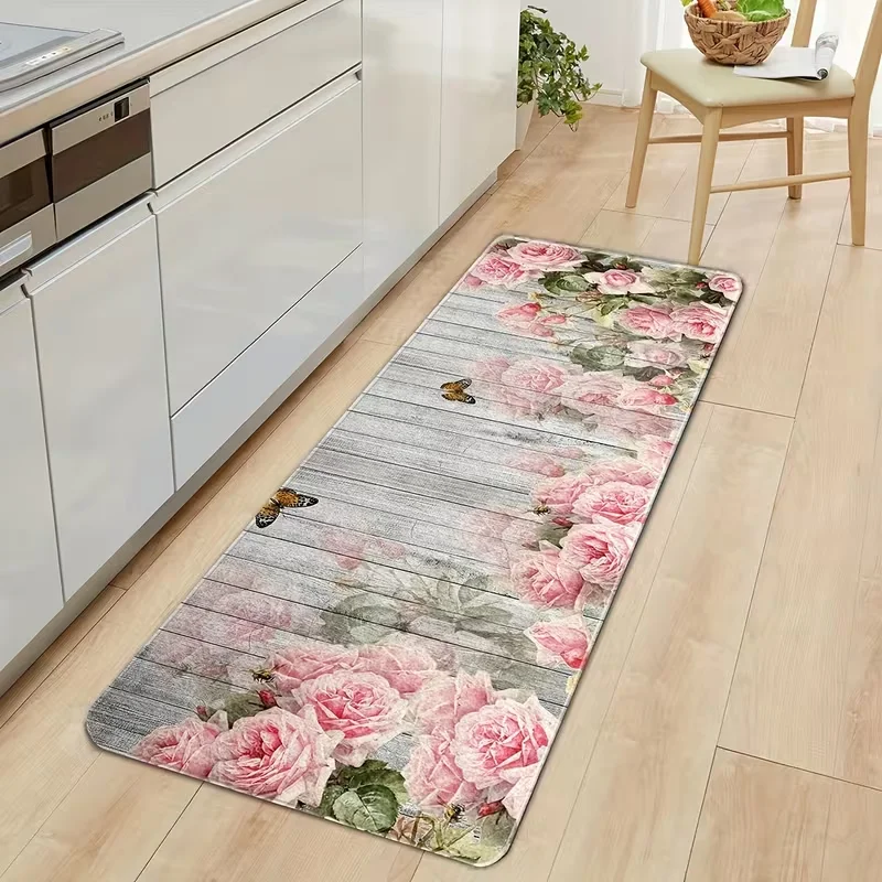 Aesthetic Pink Flower Wood Print Runner Rug Kitchen Mat Hallway Floor Living Room Carpet Bedroom Door Mat Indoor Decor