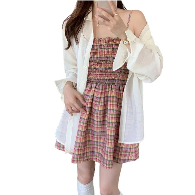 

Summer Cotton New Plaid Sling Skirt For Female Vintage Elastic Waist Prairie Chic Sweet Hotsweet Comfortable Sleeveless Vestidos