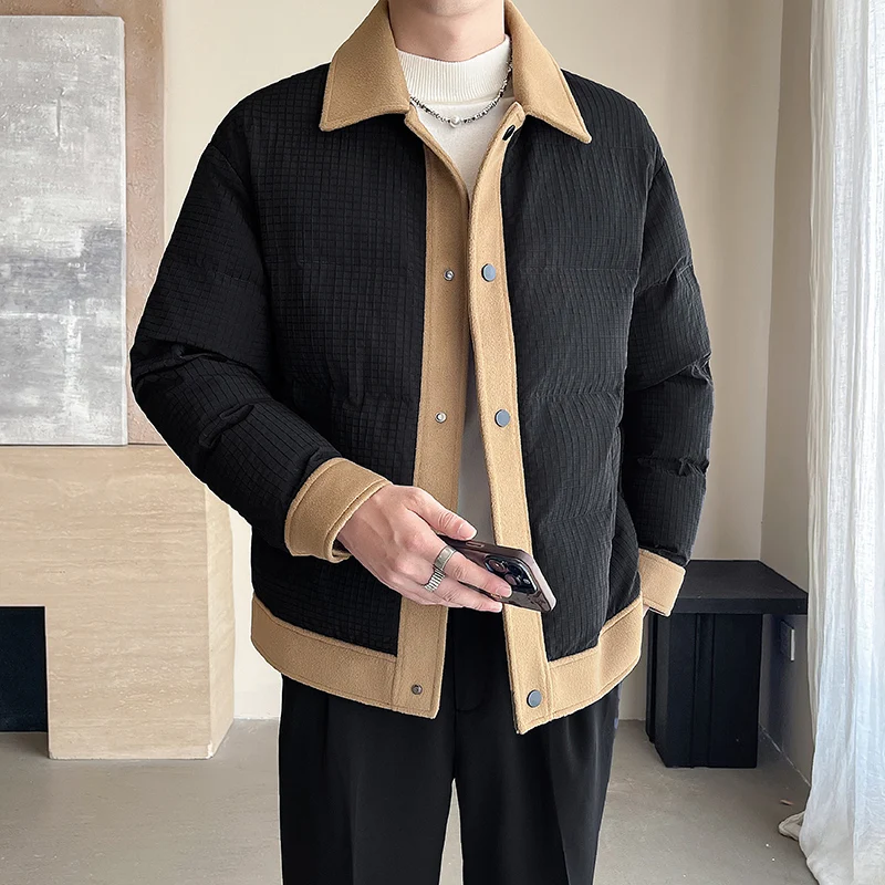 2024 Winter New Men's Fashion Woolen Splicing Cotton Coat with Thickened Cotton for Warmth, Trendy Design Cotton Jacket