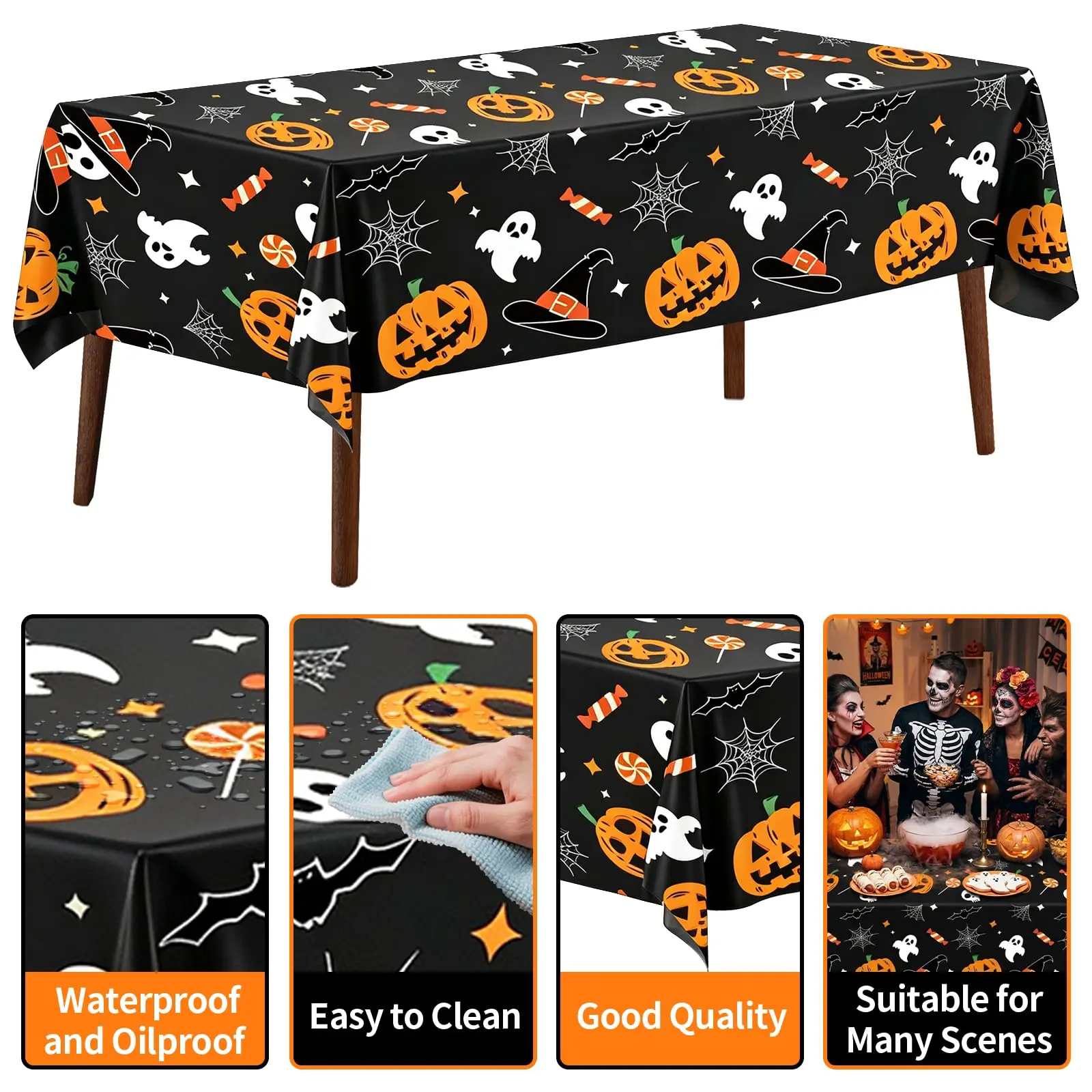 Halloween Tablecloth with Slide Cutter Pumpkin Ghost Plistic Table Covers for Halloween Party Decorations(Halloween Table