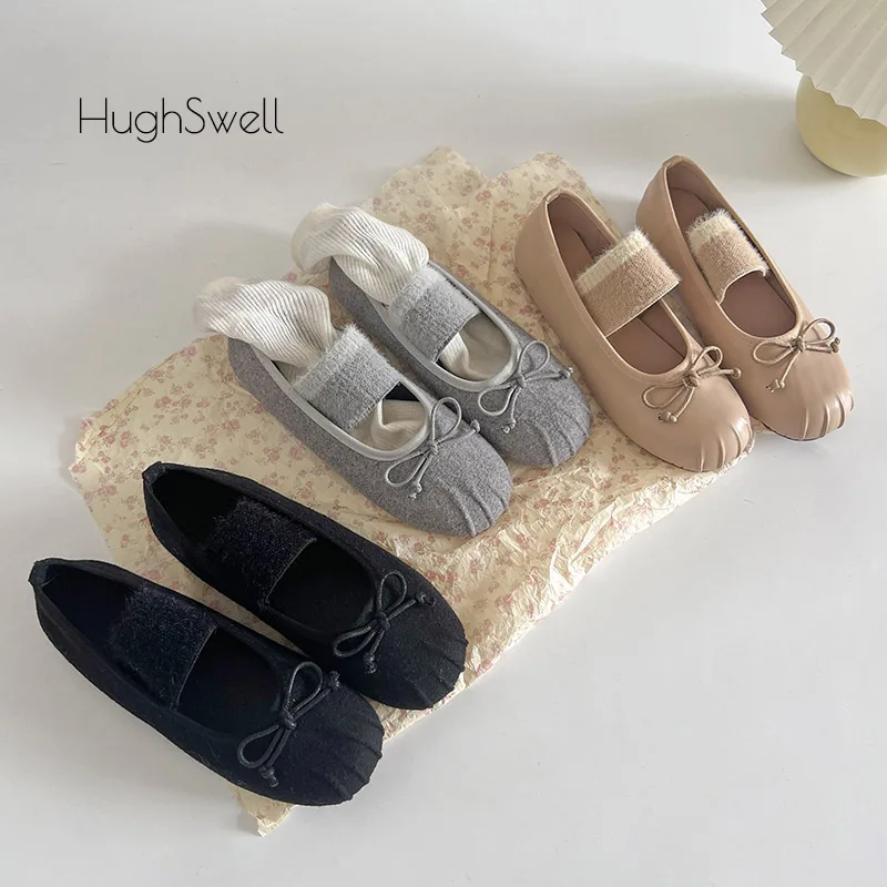 

Brand Design Fluffy Ballet Shoes Woman Classic Round Toe Bowtie Elastic Band Ballerina Flats Ladies Autumn Wool Shallow Loafers