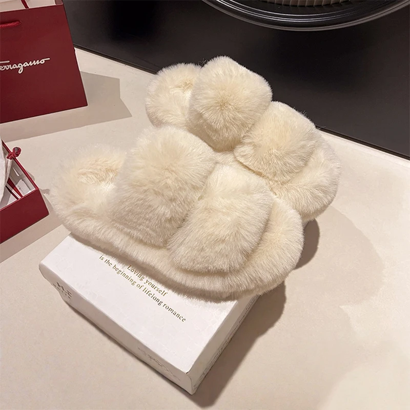 

New Open Toe Fluffy Slippers Indoor Warm Fur Slippers Female Slides Fashion Plush Women House Shoes Women Winter Fuzzy Slippers